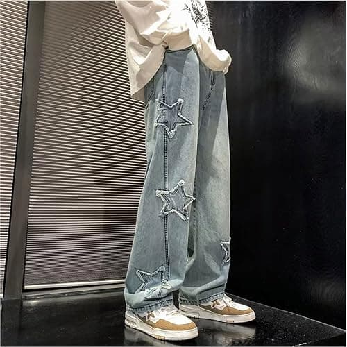 FCOOLYEET Mens Y2k Jeans Hip Hop Baggy Star Denim Pants Straight Leg Demin Joggers Aesthetic Graphic Jeans Streetwear thumbnail 4