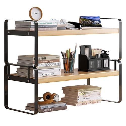 YGYQZ Wood Office Desk Shelf Organizer - Desktop Supplies Cute Dresser Top Organization Storage Rack and Cubicle Decor Aesthetic Bookshelf for Women Man and Kids (Black-Two Tier) - Black-two Tier - Image 1