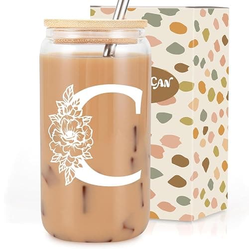 Coolife Initial Glass Cup, Monogrammed Gifts for Women, 16 oz Glass Cups w/Lids Straws, Iced Coffee Smoothie Beer Tumbler w/Straw Lid, Personalized Valentines, Birthday Gifts for Her Mom Friend Woman - Image 1