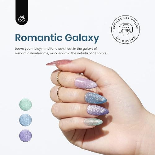 Beetles Cat Eye Gel Nail Polish, 6 Colors Glitter Gel Polish Kit Silver Pink Blue Purple Red Green Velvet Set with Magnet Soak Off UV French Nail Art Romantic Galaxy Series Gift for Women - 0-0-Romantic Galaxy thumbnail 3