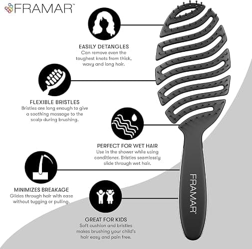 FRAMAR Flex Detangling Wet Hair Brush for Women, Blow Drying Brush, Black | Vented Flex Brush for Curly Hair, Detangles Wet Hair and Speeds Blow Drying with Less Breakage, Brosse a Cheveux thumbnail 2