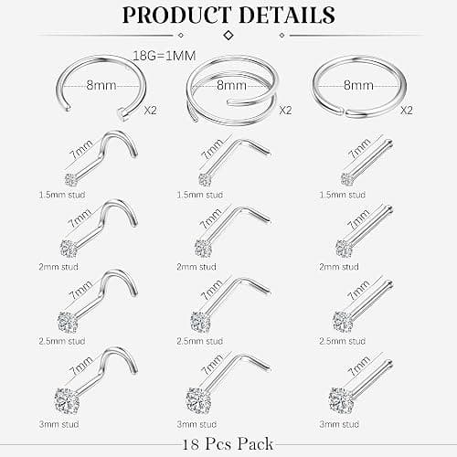 LOYALLOOK 18Pcs Nose Rings Studs - 316L Surgical Steel 14K Gold Plated Nose Studs Double Hoop Nose Ring for Women Men 18G/20G Nose Rings Stud Hypoallergenic Nose/Body Piercing Jewelry 1.5mm 2mm 2.5mm 3mm CZ thumbnail 3