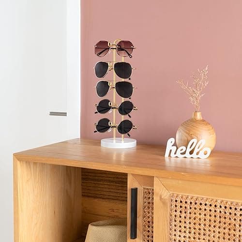 Mkono Sunglasses Organizer Glasses Holder Stand Sunglass Storage Eyeglasses Rack Metal Frame with Wood Base for 5 Pairs of Eyewear Display for Table Desk Countertop Dresser Bedroom, Set of 1, Gold - 1 - Gold thumbnail 3