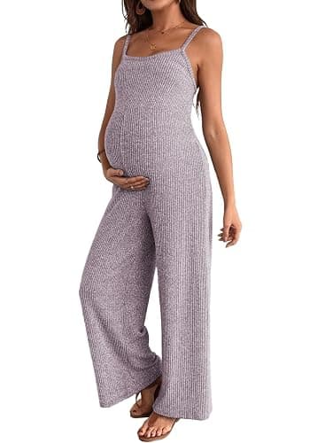 BLENCOT Maternity Ribbed Jumpsuit Stretchy One Piece Wide Leg Romper | Women's Sleeveless Square Neck Adjustable Strap High Waist Casual Lounge Sets Pregnancy Clothes Fashion 2026 - Image 1