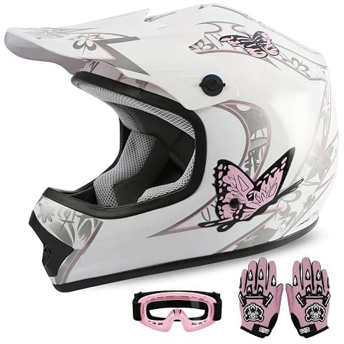 XFMT Youth Dirt Bike Helmet DOT Approved Kids Full Face Motocross Helmets | Motorcycle Riding Gear included Goggles & Gloves, Ultra-Lightweight, For ATV UTV, White Pink Butterfly X-Large - Image 1