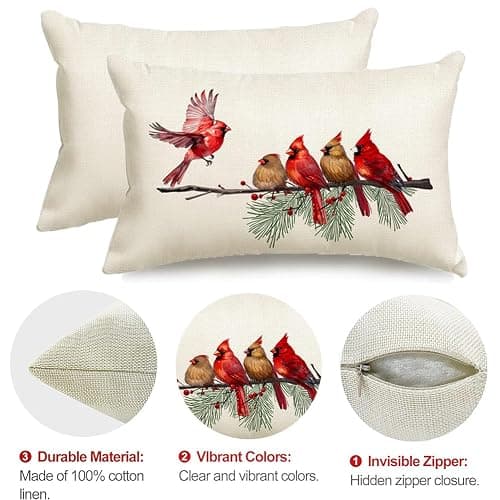 RABUSOFA Christmas Pillow Covers 12x20 Inch,Christmas Decorations Throw Pillow Covers Cardinal Birds Holiday Xmas Decor Cushion Covers for Sofa Home Couch Outdoor Winter Decor Red(18-12) thumbnail 4