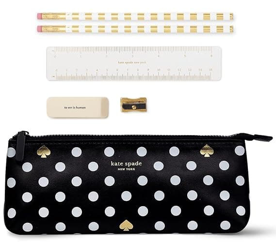 kate spade new york Pen and Pencil Case with Office Supplies, Zip Pouch Includes 2 Pencils, Sharpener, Eraser, and Ruler, Polka Dots (black/white) - Image 1