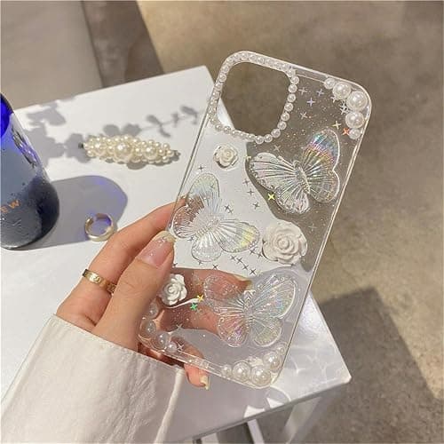 Fycyko Compatible with iPhone 14/13 Butterfly Floral Clear with Design Aesthetic Women Teen Girls Glitter Pretty Crystal Sparkle Sparkly Cute Girly Phone Cases Protective Cover+Chain-Clear thumbnail 2