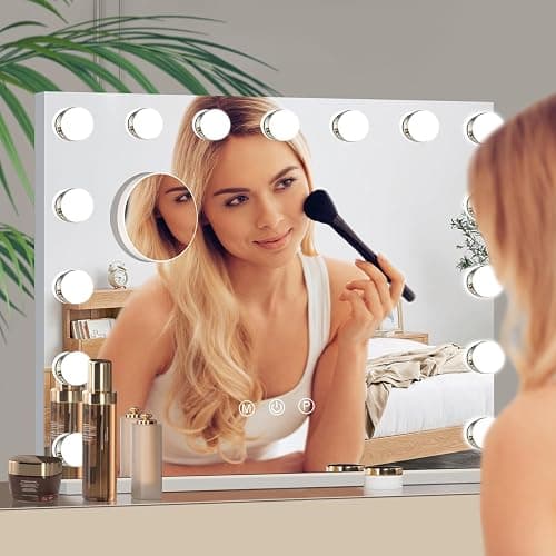 Ruication Hollywood Vanity Mirror with Lights, 58×48cm Large Lighted Makeup Mirror with 15 Dimmable Bulbs, Touch Screen Control and USB Output Port, Tabletop or Wall Mounted Mirror For Bedroom thumbnail 2
