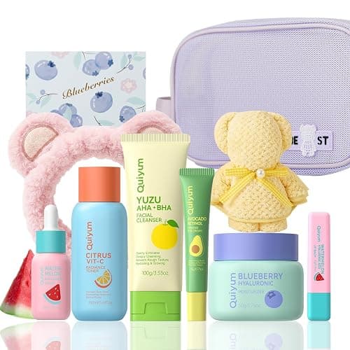 QUIYUM Fruit Skin Care Sets for Teen Girls, 6 Daily Routine Skincare Gift | Facial Cleanser, Toner, Eye Cream, Moisturizer, Serum, Lip Balm, Birthday, Christmas Gift, Stocking Stuffers - Image 1