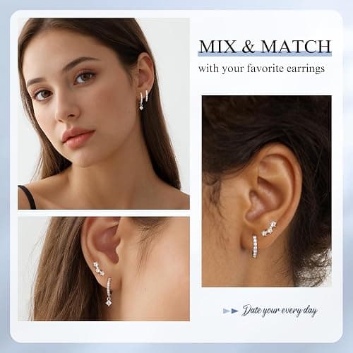 Eathareel Sterling Silver Hoop Earrings Set for Women, 14K Gold Plated|Silver Blue|Emerald Green Shiny CZ Earrings Set, Hypoallergenic Earring for Sensitive Ears, No tarnish No Lead thumbnail 4