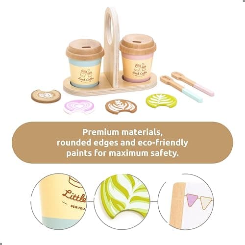 UMU® Children Coffee to Go Playset Made of Wood – Children's Kitchen Accessory Including Sales Board for the Merchant Shop, Coffee Set for Role-Playing, 15-Piece Wooden Toy for Children from 3 4 5 6 thumbnail 3