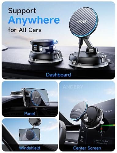 ANDERY Only for iPhone Magsafe Car Mount Charger [15W Fast Wireless Charging, 78+LBS Strong Suction 2400gf Strong Magnetic] 360° Adjustable Car Phone Holder, Phone Holders for Your Car for pats & mats thumbnail 3