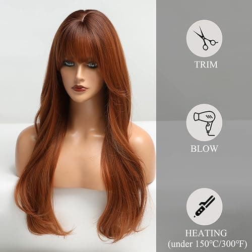 HAIRCUBE Long Auburn Wig with Bangs Layered Curly Orange Wigs for Women Natural Synthetic Wigs for Daily Use (pelucas de cabello natural) thumbnail 5