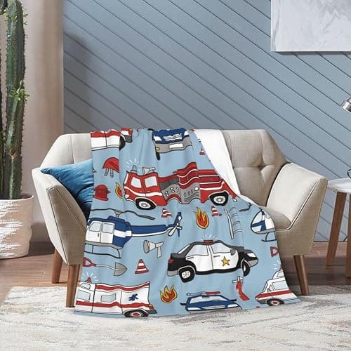 Cartoon Emergency Car Flannel Throw Blanket for Kids Boys Baby Toddler Teens Gifts Soft Warm Bedroom Throws for Home Couch Room Sofa Office Travel Camping Dorm Decor 50x40 Inch thumbnail 6