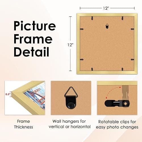 FIXSMITH 12x12 Picture Frame Gold Set of 4, Photo Frame with HD Plexiglass, Display Pictures 8x8 with Mat or 12x12 Without Mat, Natural Picture Frames Collage Wall Decor, Gallary Wall Frame thumbnail 4