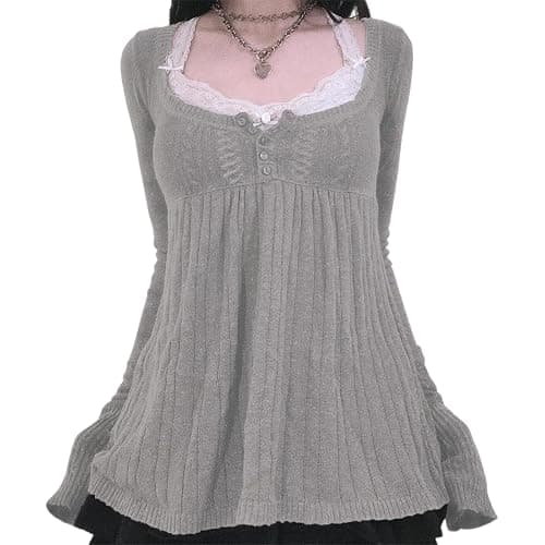 FeMereina Women Vintage Solid Color Sweater Top Long Sleeve Button Front Knitted Top Retro Y2K Fairy Grunge Aesthetic Knitwear - Image 1