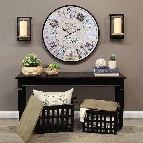 JUMBO HUMBLE 12 Photo Collage Rustic Wood Farmhouse Wall Clock, Large Family Picture Wall Clock for Living Room, Home, Kitchen, Silent Battery Powered 24 Inch Natural thumbnail 2