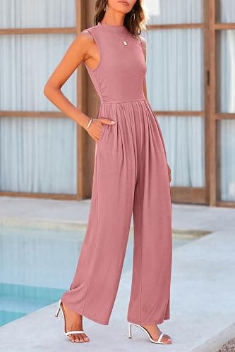 PRETTYGARDEN Womens Summer Jumpsuits Dressy Casual One Piece Outfits Sleeveless Mock Neck Wide Leg Pants Rompers with Pockets - Small - Dusty Pink thumbnail 4