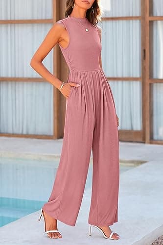 PRETTYGARDEN Womens Summer Jumpsuits Dressy Casual One Piece Outfits Sleeveless Mock Neck Wide Leg Pants Rompers with Pockets - Small - Dusty Pink thumbnail 4