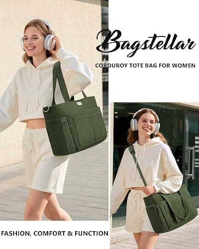 Bagstellar Corduroy Tote Bag for Women, 17 Pockets Laptop Work Tote Bag Lightweight Teacher Nurse Bible Bag for School Travel | with 40oz Cup Holder thumbnail 8