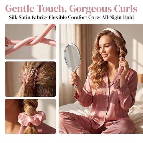 Heatless Curling set,Silk Curls Rod Headband,No Heat Rollers to Sleep in Overnight,Satin Hair Curlers for Long and Medium Hair(Pink) thumbnail 3