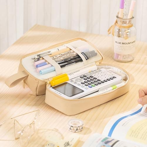 ANGOOBABY Big Capacity Large Pencil Case Canvas Pen Pouch Bag with 2 Compartments for Girls Boys Teen School Students Adults - Khaki thumbnail 2