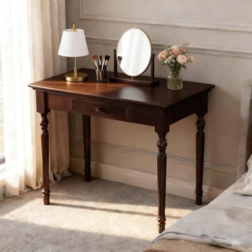 Conabaen Walnut Writing Desks with Drawers, 35" Solid Wood French Country Style Computer Desk for Home Office, Living Room Study or Workspace - Image 1