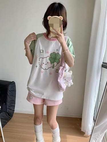 Pokn Y2k Kawaii Shirts for Women Cartoon Graphic Cute Cat Tees Off Shoulder Cutecore Shirts Harajuku Fashion Top thumbnail 2