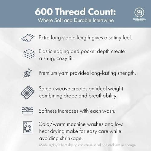 Threadmill 100% Cotton Sheets for Twin XL Size Bed - 600 Thread Count Twin XL Bed Sheets Set with 15” Deep Pocket - Sateen Weave 3-Piece Bedding Set with Cooling Effect, Blue - Light Blue Solid - Twin XL thumbnail 4