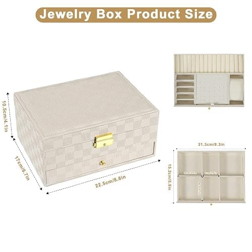 GUOER Jewelry Box for Women Girl Wife - Large PU Leather Jewelry Organizer Storage Case with Two Layers Display for Earrings Bracelets Rings Watches (Light Khaki) thumbnail 3
