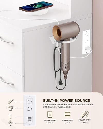 LIVELYGLOW White Makeup Vanity Desk with Charging Station & 4 Drawers | Smart LED Mirror, Cushioned-Stool, Hairdryer Rack thumbnail 6
