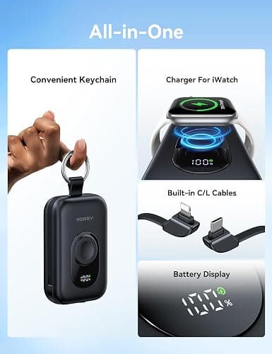 RORRY CharmGo Portable Charger, 20000mAh PD 30W Portable Charger Power Bank | Built-in Cables, Fast Charging Keychain Portable Battery Pack, Travel Essentials for iPhone, Apple Watch, iPad thumbnail 4