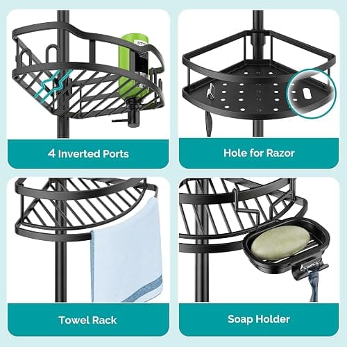 HAMITOR Corner Shower Caddy Tension Pole: High Capacity 4-Tier Rustproof Bathroom Organizer Shelves for Small Bathrooms - 47-121 inch Adjustable Floor Standing Bath Rack Holder - Black thumbnail 5