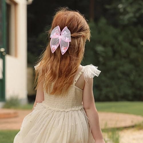 Cherry Fable Bow Hair Clips 4" Pink Mesh Tulle Fruit Shaker Hair Bow Alligator Barrettes for Teen Girls Women Summer Wedding Birthday Party Favor Dress Decor Accessory Set of 2 thumbnail 3