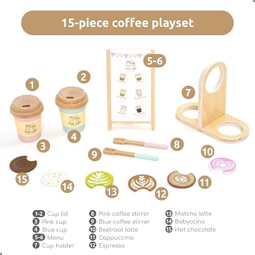 UMU® Children Coffee to Go Playset Made of Wood – Children's Kitchen Accessory Including Sales Board for the Merchant Shop, Coffee Set for Role-Playing, 15-Piece Wooden Toy for Children from 3 4 5 6 thumbnail 6