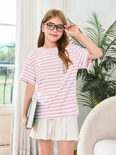 Haloumoning Girls Striped Short Sleeve T Shirts Kids Summer Oversized Tops Casual Crewneck Tees 5-14 Years thumbnail 3
