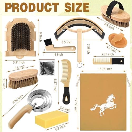 Abbylike 12 Pieces Horse Grooming Kit Racing Festival Tack Room Supplies Horse Brush Sets Equine Care Cleaning Kit Shedding Grooming Massaging Tools(Khaki) thumbnail 2