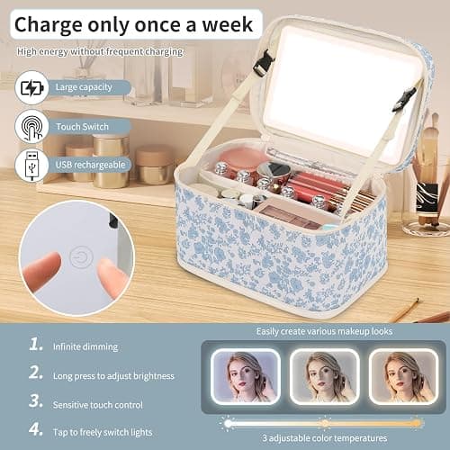 Makeup Bag With LED Mirror, Lightweight Travel Makeup Bag With 3 Color Setting Light Up Mirror Cosmetic Makeup Organizer Vanity Case for Women Beauty Tools Accessories Rechargeable Train Case-Floral thumbnail 5