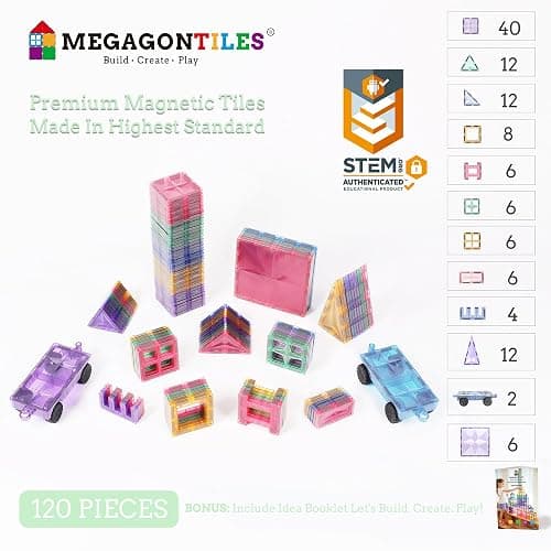 MEGAGONTILES 120PCS Premium MagneticTiles, Magnet Tiles, STEM AUTHENTICATED, Magnetic Blocks, Magnet Tiles, Magnetic Building Blocks, Magnets for Kids, MagneticTile Toy Boys Girls Age 3 4 5 6 7 8 thumbnail 3