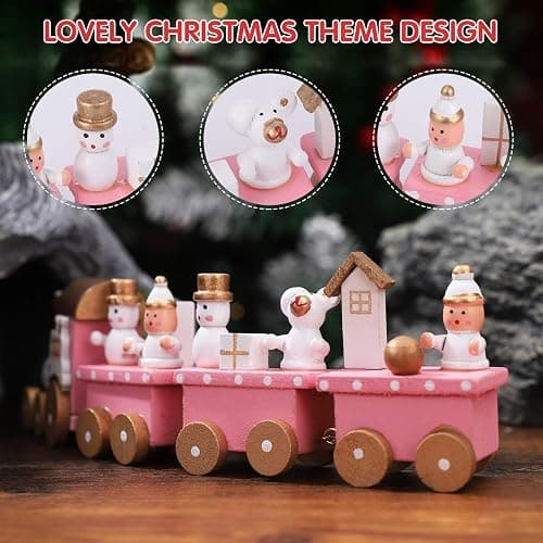 NUOBESTY Winter Wonderland Wooden Mini Train Set for Christmas Party Decorations Under Tree Pink thumbnail 4