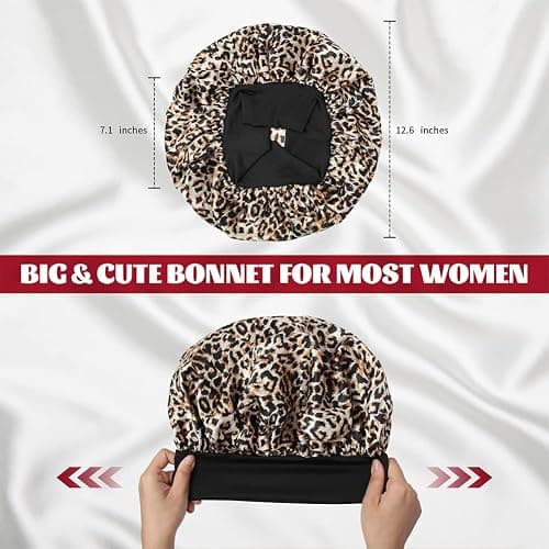 4Pcs Satin Bonnet Silk Bonnet, Hair Bonnet for Sleeping, Elastic Wide Band Sleep Cap, Soft and Breathable Silk Hair Wrap for Sleeping (Black Purple Rose Leopard) thumbnail 3