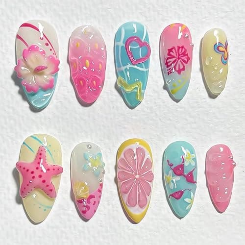 BABALAL Press on Nails Medium Almond Fake Nails Beach Glue on Nails Blue Pink Flower 3D Texture False Acrylic Nails Summer 30Pcs Custom Stiletto Handmade Diy for Women Girls - Image 1