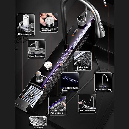 FIVIXIL Kitchen Sink Whale Double Waterfall Sink with LED Display with Cup Washer, soap Dispenser, Waterfall Mixer, countertop Controls, etc. Workstation Kitchen Sink (Gun Grey, 31.5 * 18.1 * 8.7IN) thumbnail 6