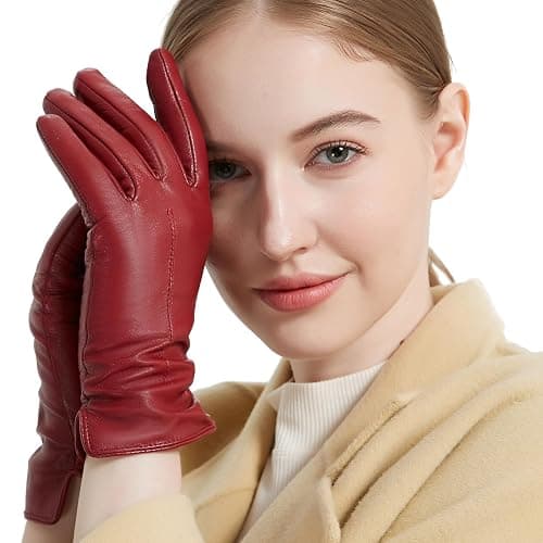 NOVBJECT Leather Gloves for Women Winter Full Touch Screen Genuine Leather Warm Cashmere Knitted Lining - Image 1