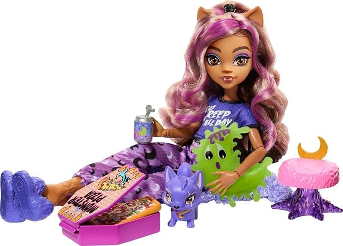 Monster High Creepover Party Doll, Clawdeen Wolf with Pet Dog Crescent, Sleepover Clothes & Accessories like Eye Mask & Pizza thumbnail 5
