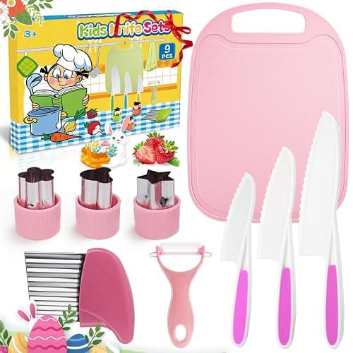 9 Pcs Kids Safe Knife Set for Real Cooking, Kids Kitchen Knife Set with Cutting Board,Crinkle Cutter,Sandwich Cutter, Montessori Kitchen Tools for Toddlers Kid 3-10 Years Old Girl Boy Birthday Gifts - Image 1