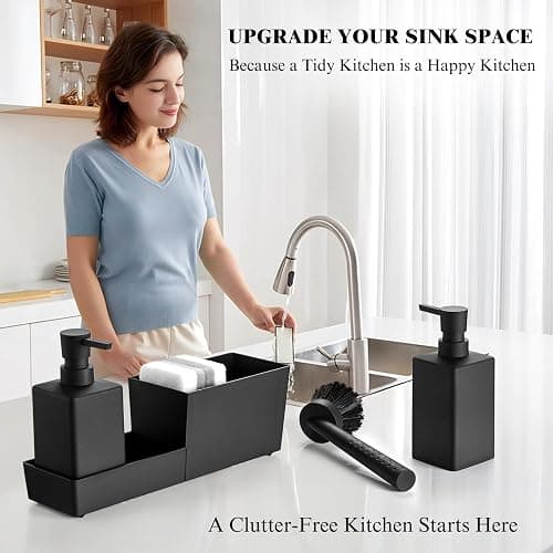 zuxzmj Kitchen Soap Dispenser Set with Sponge Holder and Brush for Sink Rack Hand Soap and Dish Soap Dispensers Black 4-in-1 thumbnail 4