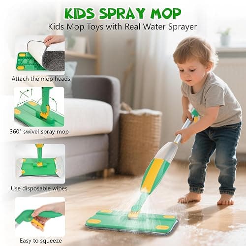 Wooden Kids Cleaning Set with Spray Mop, Montessori Cleaning Toys Real Water Sprayer and Toddler Broom Mop Set, Housework Pretend Play Toy Gift for Boys Girls Ages 3+ thumbnail 3