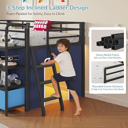 Twin Low Loft Bed for Kids with Built-in Desk, 6 Storage Drawers, Open Bookshelf, Under-Bed Play Tent with LED Lights, Metal Twin Size Loft Beds with Safety Guardrail & Inclined Ladder, Blue and Black thumbnail 8